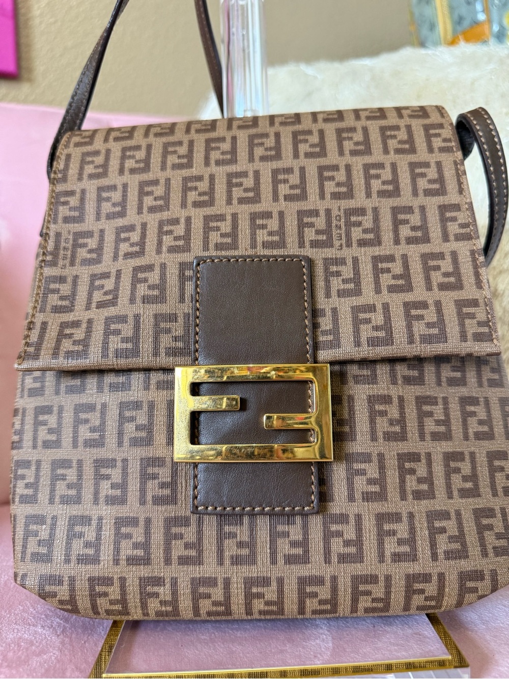 💯AUTH FENDI Brown Zucchino Spalmati Crossbody Bag with Gold-Tone FF Buckle - Picture 2 of 16